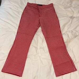 pink and red kick flare seersucker pants